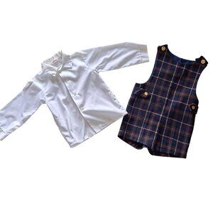 Vintage Good Lad 4T White Shirt Unisex Plaid Wool Blend Shortalls  Gold Buttons